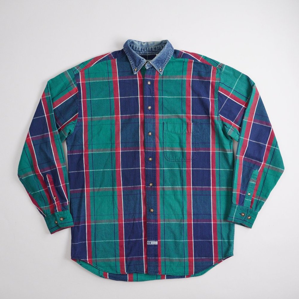 Vintage 90s American Eagle Button Down Long Sleeve Plaid Shirt Mens Size M Green